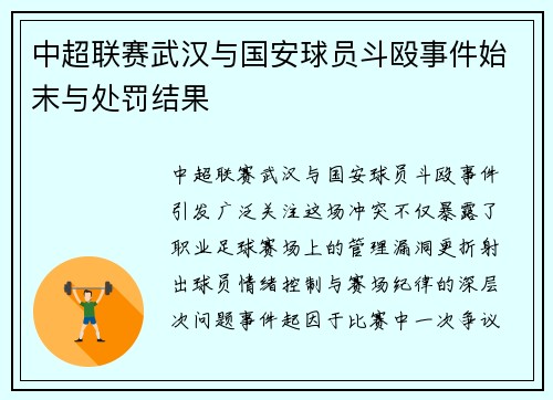 中超联赛武汉与国安球员斗殴事件始末与处罚结果