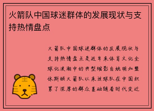火箭队中国球迷群体的发展现状与支持热情盘点