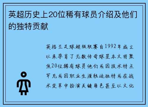 英超历史上20位稀有球员介绍及他们的独特贡献